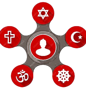 Darstellung der fünf Weltreligionen: Buddhismus, Christentum, Islam, Judentum und Hinduismus im extra hippie freaky Stil